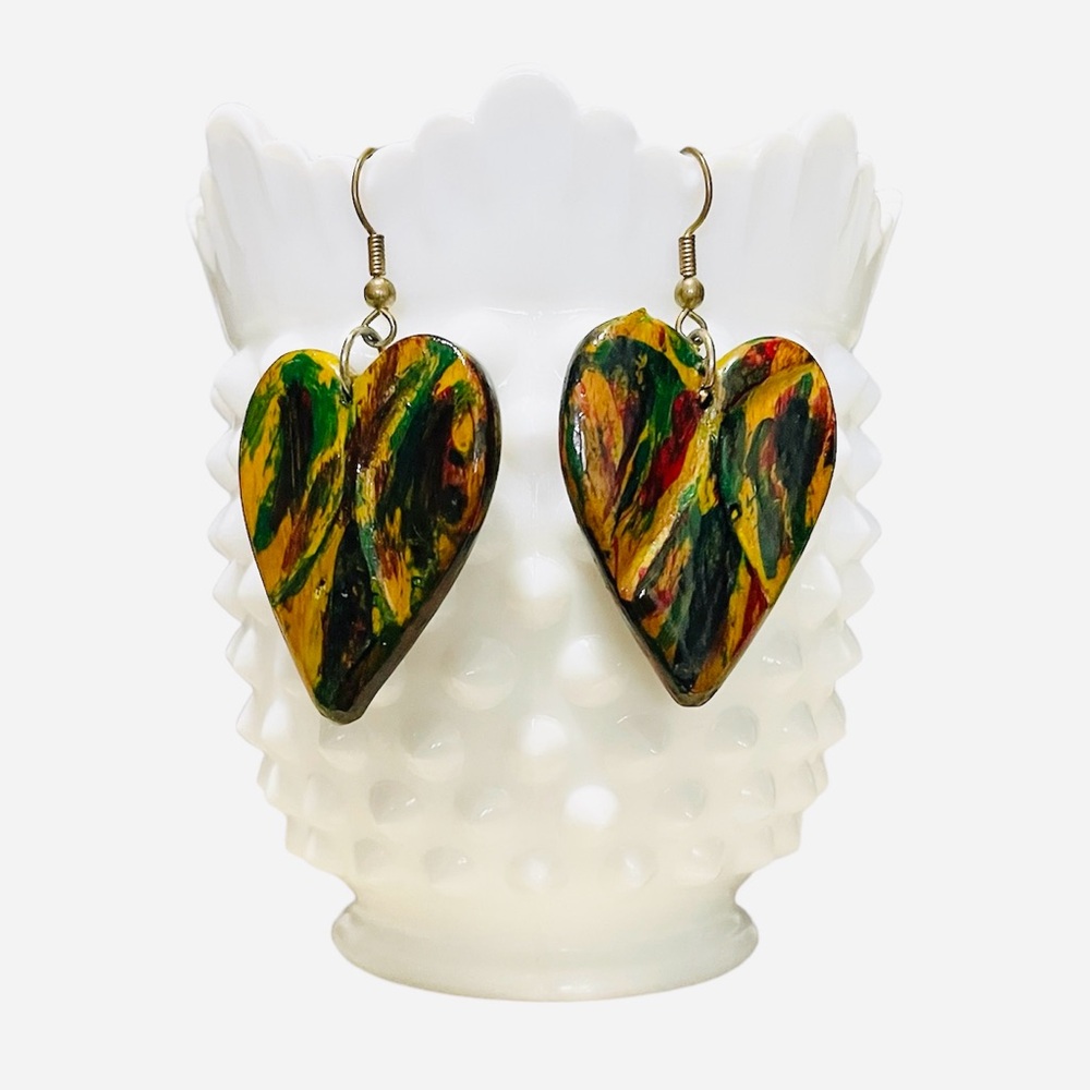 Artisan coconut shell heart shaped ❤️ vibrant colorful statement earrings boho.